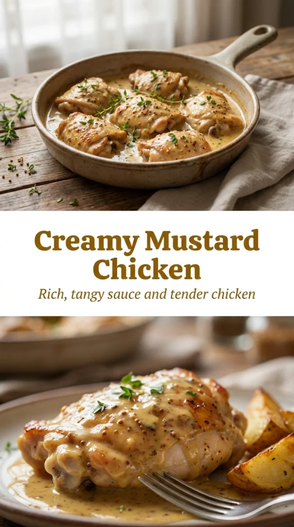 Pan-seared chicken breasts smothered in a creamy mustard sauce, garnished with fresh parsley in a white ceramic skillet.