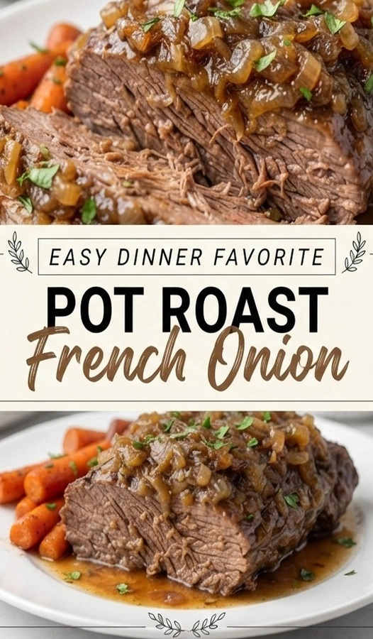 Slow cooked beef pot roast topped with caramelized onions and melted cheese in a brown gravy, served in a bowl.