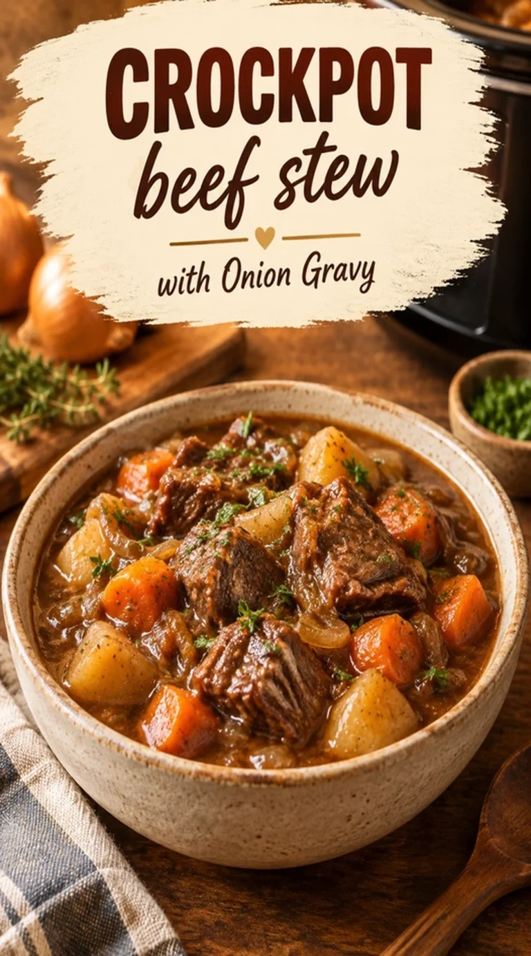 Beef stew with tender chunks of beef, carrots, and potatoes in a rich brown onion gravy in a bowl.