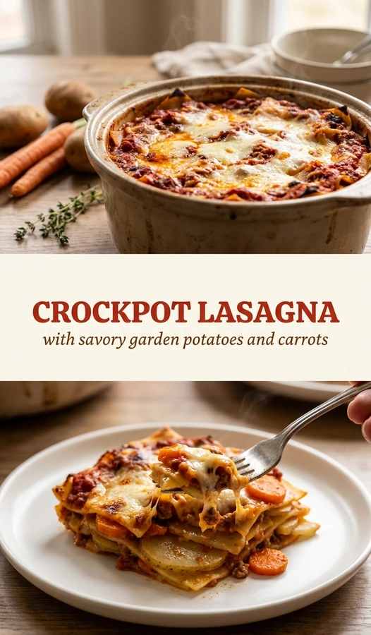 A slow cooker lasagna with melted mozzarella cheese, layered pasta, sliced carrots, and potatoes in a rich tomato sauce.