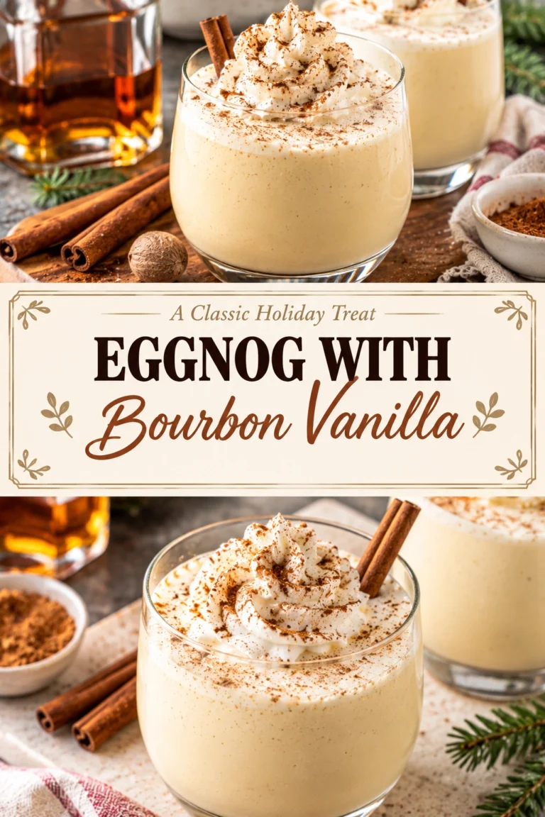 A glass of creamy bourbon vanilla eggnog topped with a sprinkle of nutmeg and a cinnamon stick garnish.