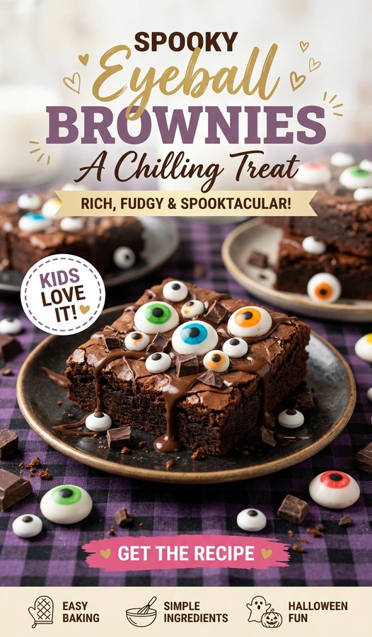 Square fudgy brownies topped with white frosting and edible candy eyeballs for a spooky Halloween dessert.