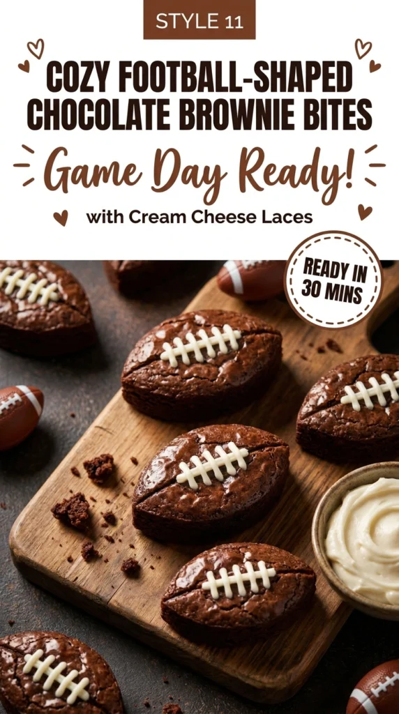Football-shaped chocolate brownie bites decorated with white cream cheese frosting laces on a platter.