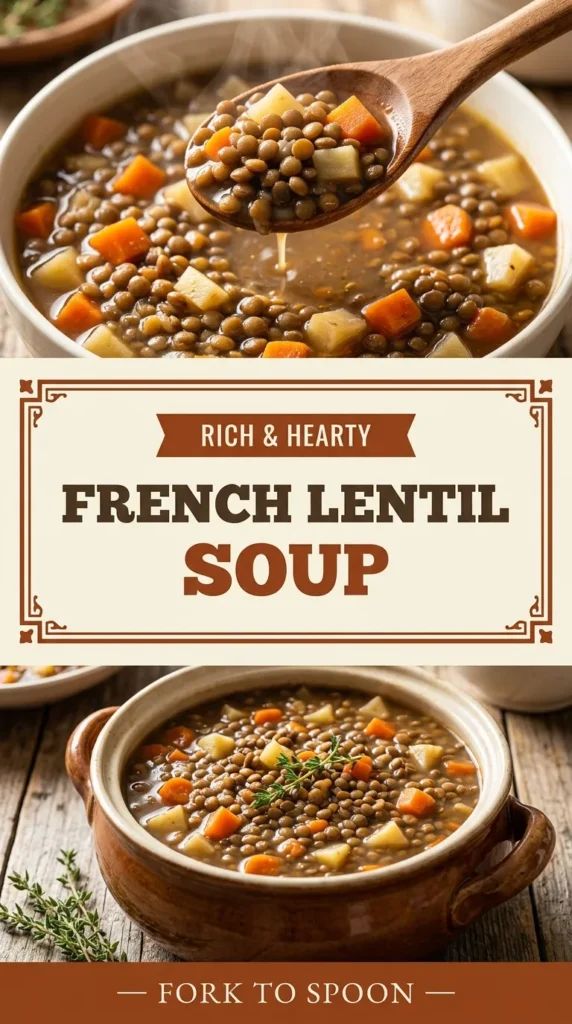 A bowl of hearty French lentil soup with diced carrots and root vegetables, garnished with fresh parsley.