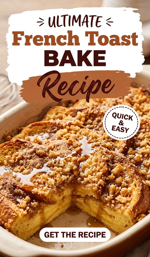 Golden brown French toast bake in a casserole dish topped with crispy breadcrumbs and a dusting of powdered sugar.