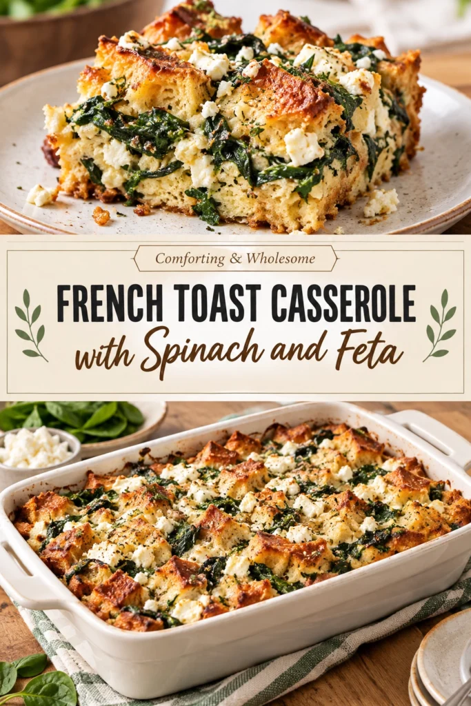 Savory French toast casserole in a baking dish with melted feta, wilted spinach, and golden brown toasted bread cubes.