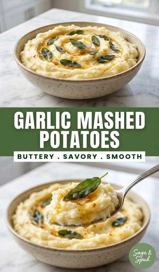 A bowl of creamy garlic mashed potatoes topped with melted brown butter and crispy fried sage leaves.
