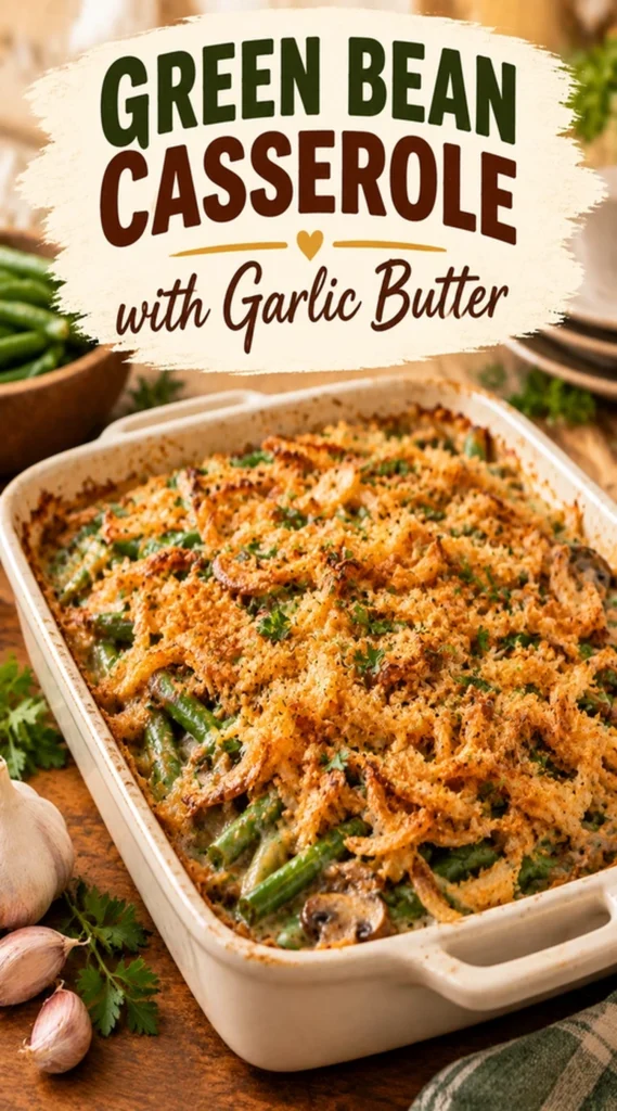 Green bean casserole with garlic butter and melted cheese in a white baking dish, topped with golden brown crumbs.