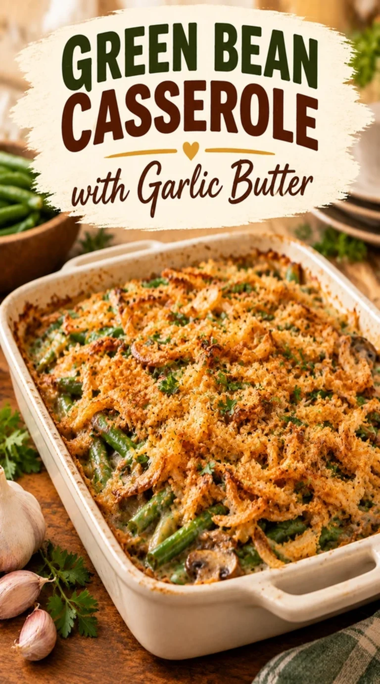 Green bean casserole with garlic butter and melted cheese in a white baking dish, topped with golden brown crumbs.