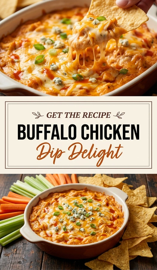 Creamy buffalo chicken dip in a white bowl, topped with melted cheese and green onions, served with tortilla chips.