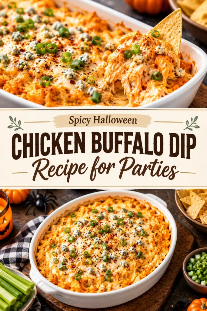Creamy buffalo chicken dip in a white bowl, topped with melted cheese, green onions, and served with tortilla chips.