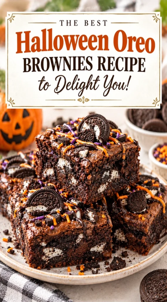 Fudgy chocolate brownies topped with a layer of Oreo cookies and orange and purple frosting for a Halloween theme.