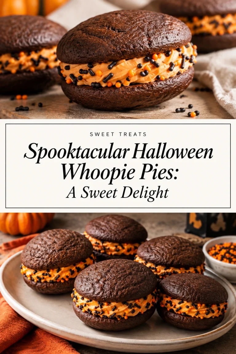 Halloween whoopie pies with orange cakes and white cream filling, decorated with small chocolate bats and spooky candy eyes.