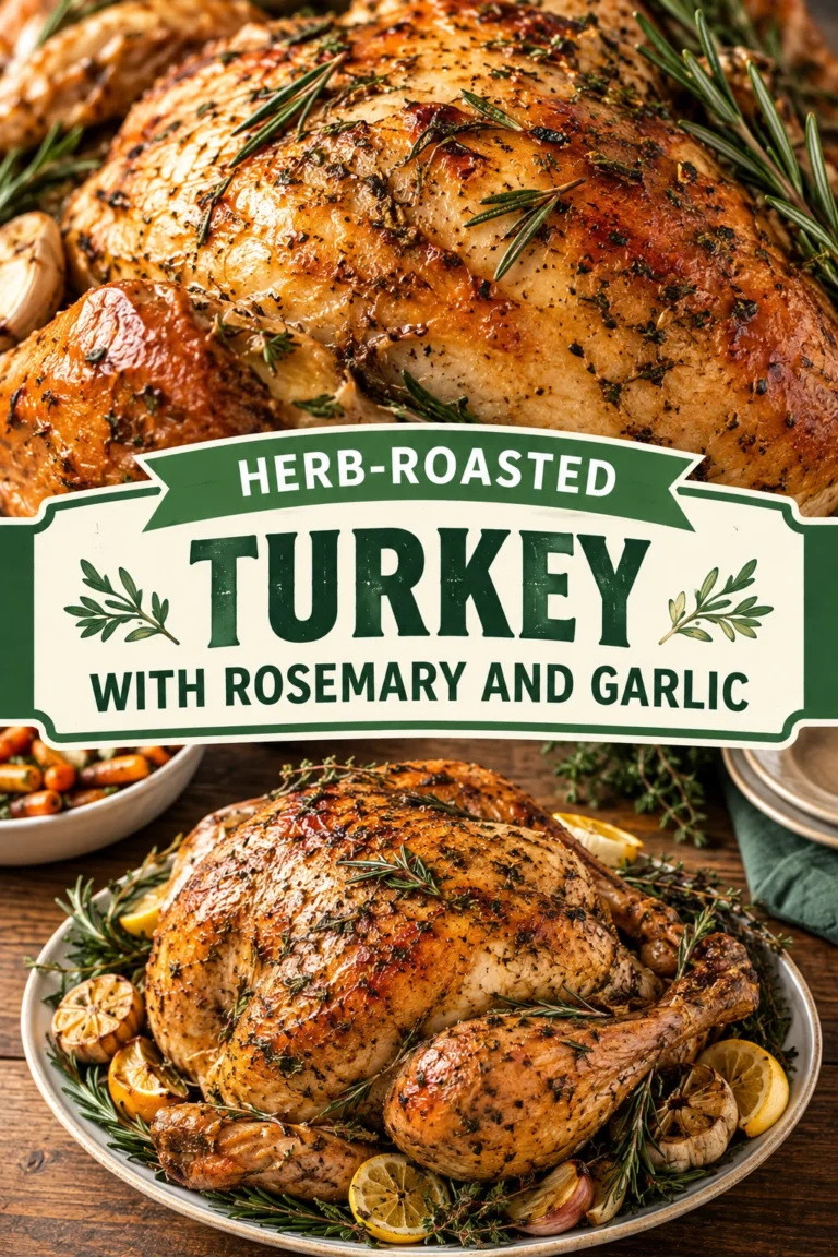 Golden brown roasted whole turkey on a platter, garnished with fresh rosemary sprigs and roasted garlic cloves.