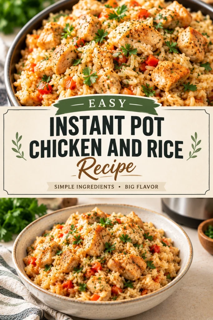 A pot of tender chicken pieces and fluffy white rice cooked with carrots and peas in a savory broth.