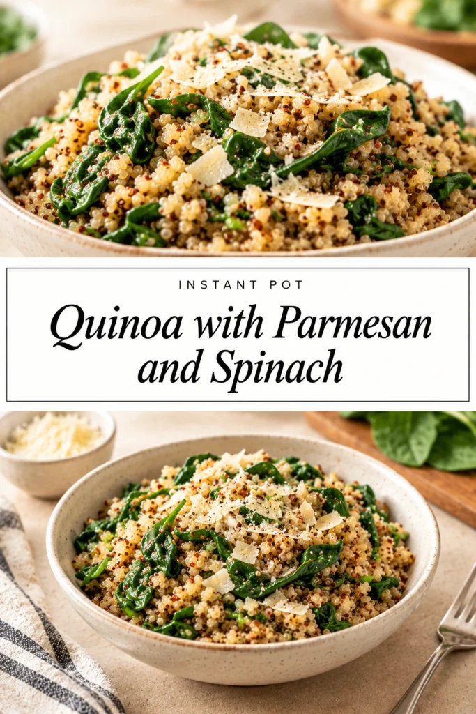 Fluffy quinoa mixed with wilted spinach and melted parmesan cheese in a bowl, garnished with fresh parsley.