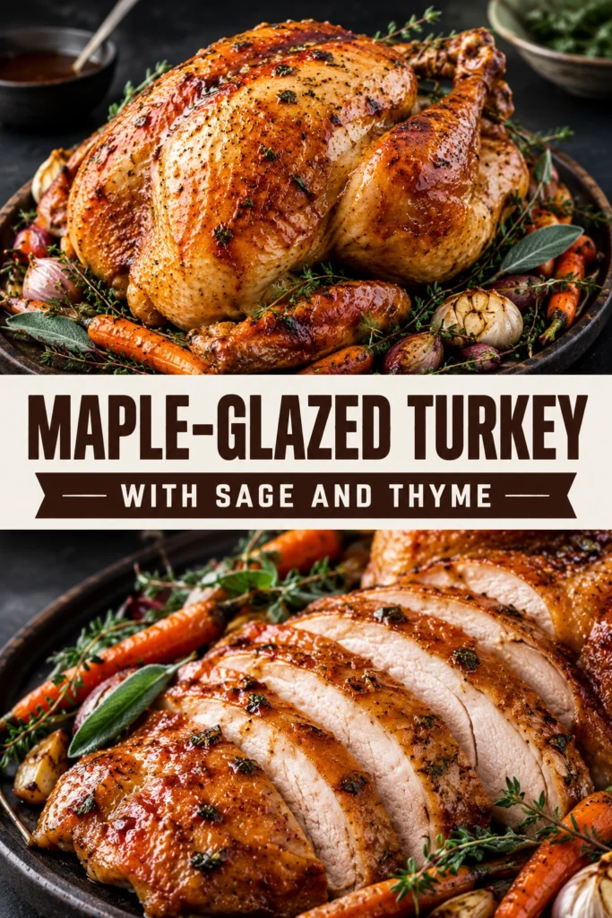Roasted whole turkey with a glossy maple glaze, garnished with fresh sage and thyme leaves on a white platter.