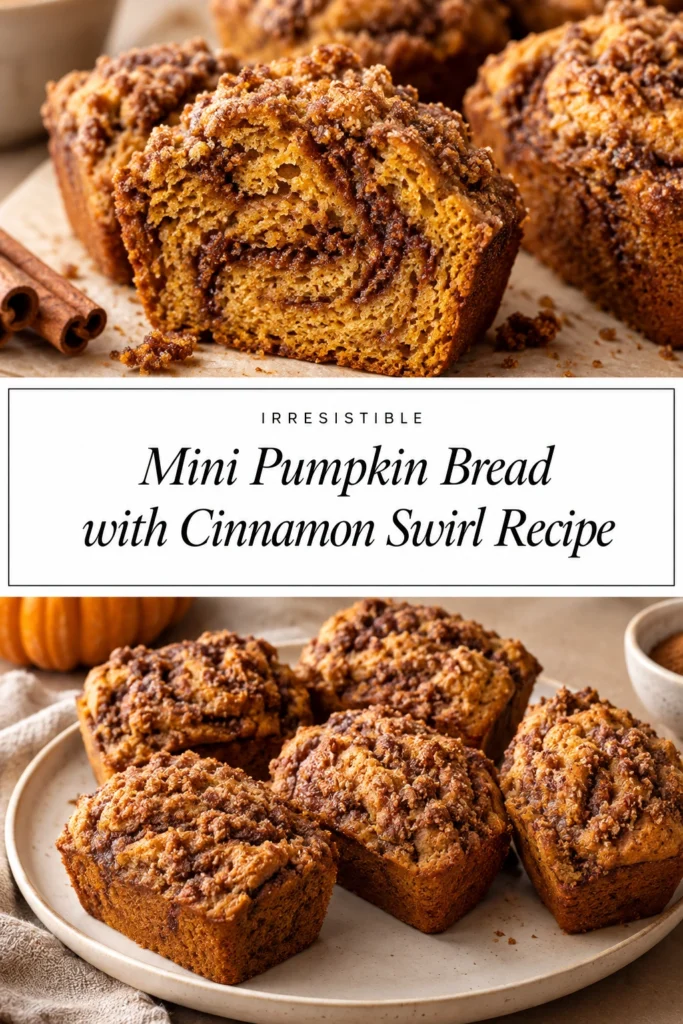 Small loaves of mini pumpkin bread with a visible cinnamon swirl, arranged on a platter with a cozy background.