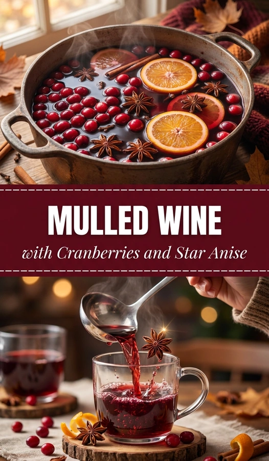 A glass of deep red mulled wine garnished with floating cranberries and a star anise pod on a rustic background.