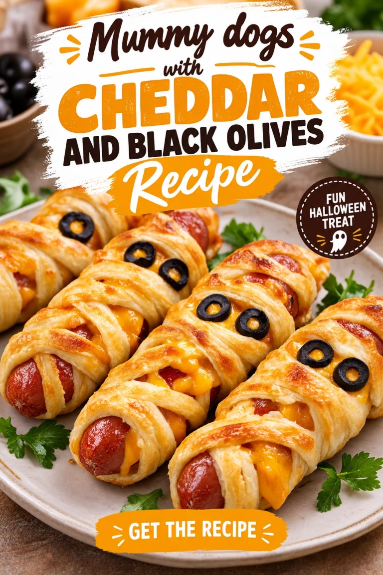 Hot dogs wrapped in strips of melted cheese to look like mummies with sliced black olive eyes.