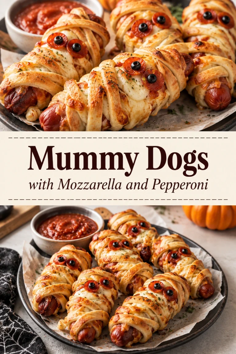 Mini hot dogs wrapped in strips of melted mozzarella and pepperoni, resembling mummies, served on a white platter.