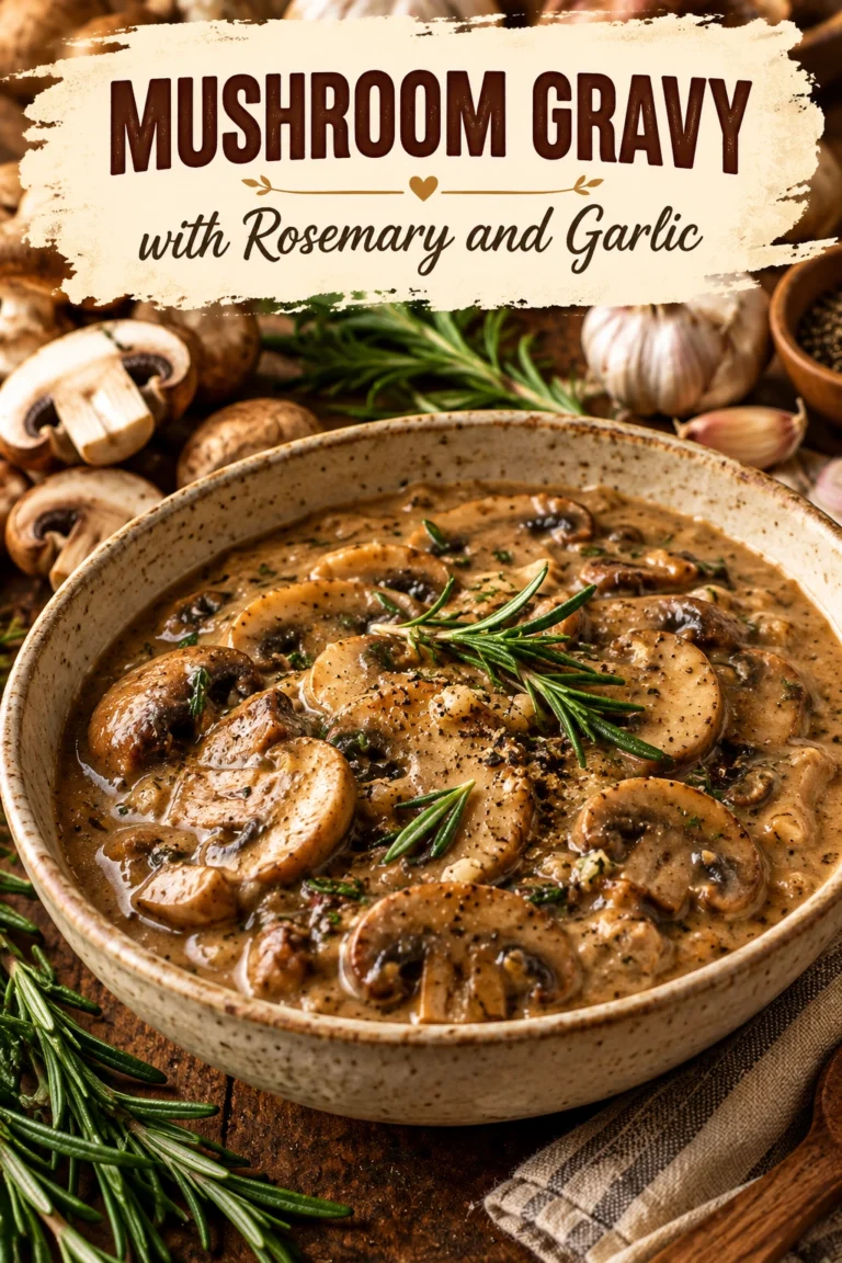 Creamy brown mushroom gravy in a white bowl, garnished with fresh rosemary sprigs and minced garlic cloves.
