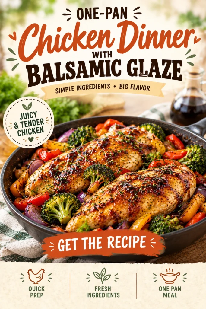 Pan-seared chicken breasts and roasted vegetables drizzled with a dark balsamic glaze in a single baking dish.