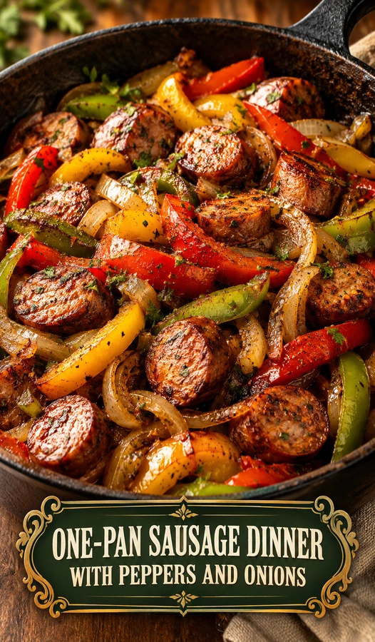 Sliced Italian sausages roasted on a sheet pan with colorful bell peppers and onions, garnished with fresh chopped parsley.
