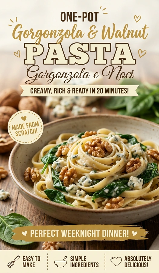 Creamy pasta tossed with wilted spinach and melted gorgonzola cheese, topped with toasted walnut halves in a bowl.