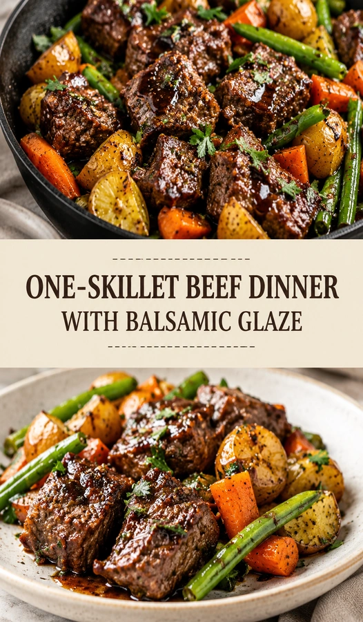 Seared beef medallions with roasted carrots and potatoes in a cast iron skillet, drizzled with a dark balsamic glaze.