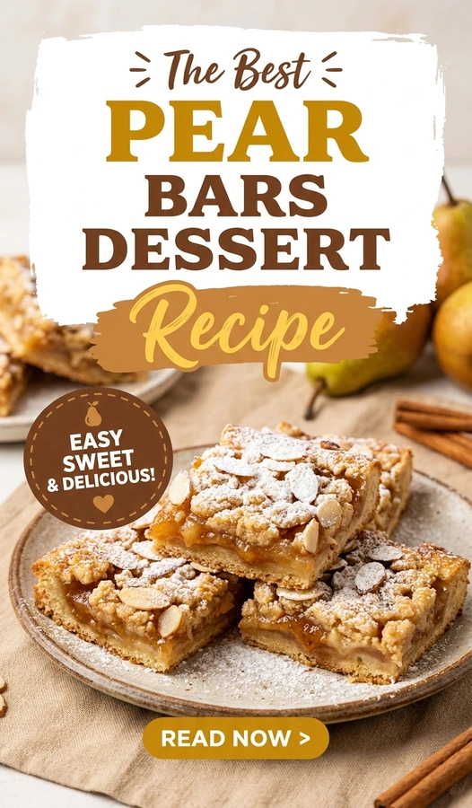 Square slices of pear bars with a golden crust and spiced pear filling, stacked on a white platter.