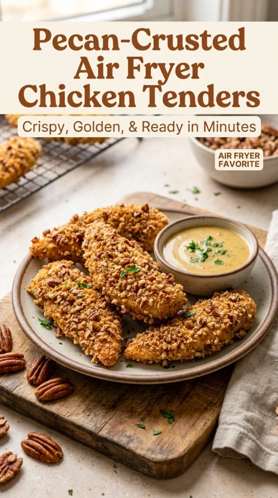 Golden brown pecan-crusted chicken tenders piled on a plate, served with a side of honey mustard dipping sauce.