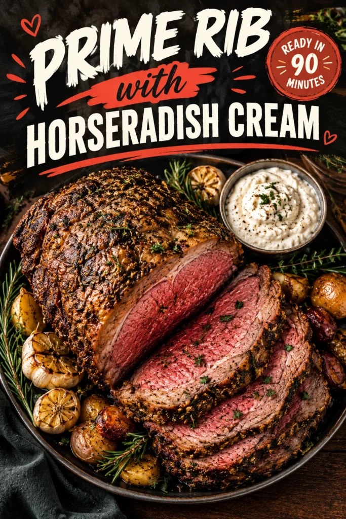 Slices of medium-rare prime rib roast on a platter, served with a side of creamy white horseradish sauce.