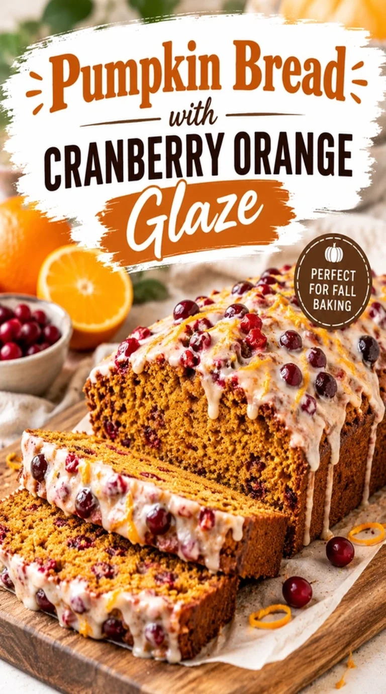 A slice of moist pumpkin bread topped with a white cranberry orange glaze, served on a rustic wooden board.