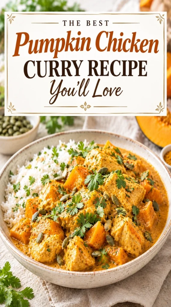 A creamy pumpkin chicken curry with chunks of chicken and pumpkin in a bowl, garnished with fresh cilantro.
