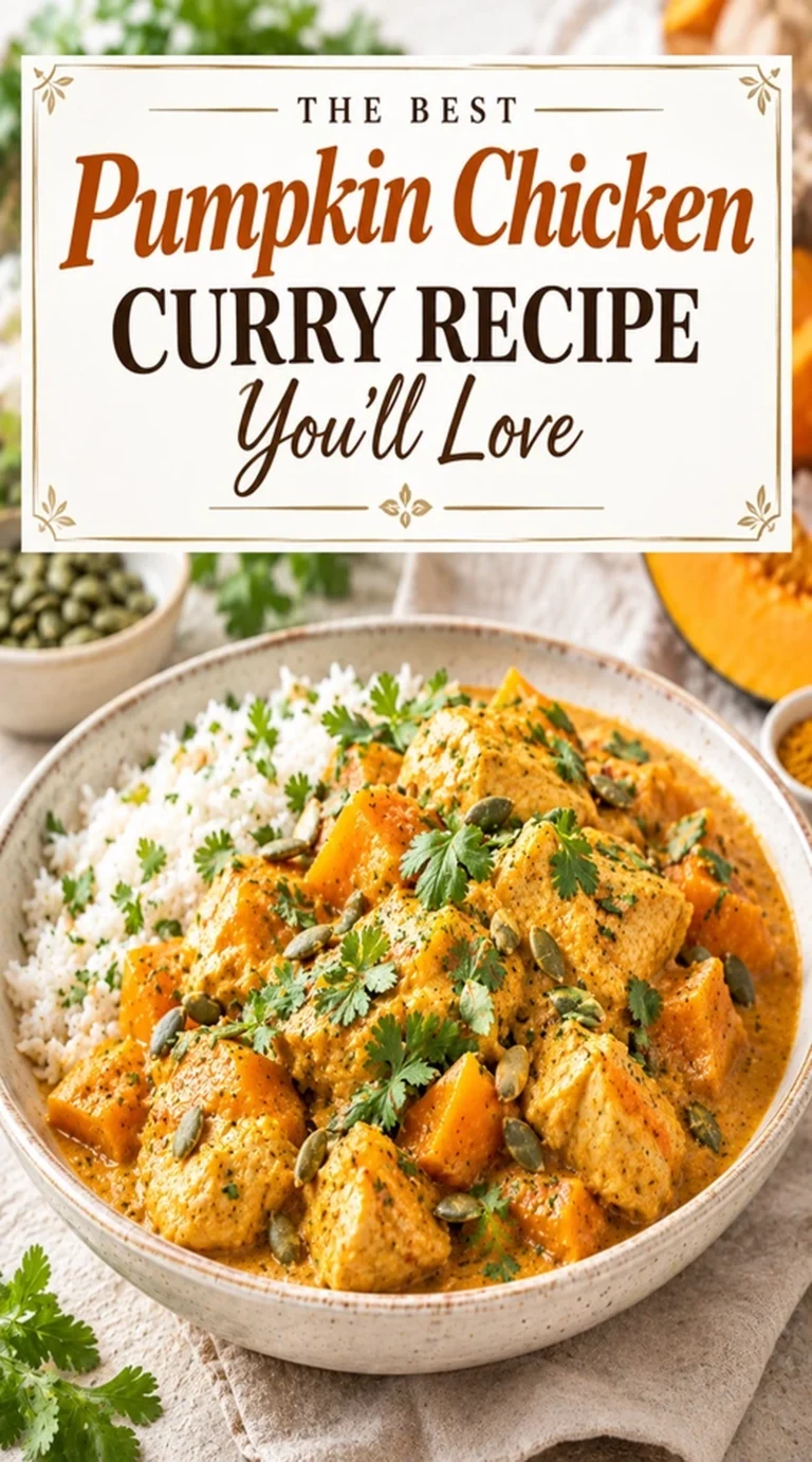 A creamy pumpkin chicken curry with chunks of chicken and pumpkin in a bowl, garnished with fresh cilantro.