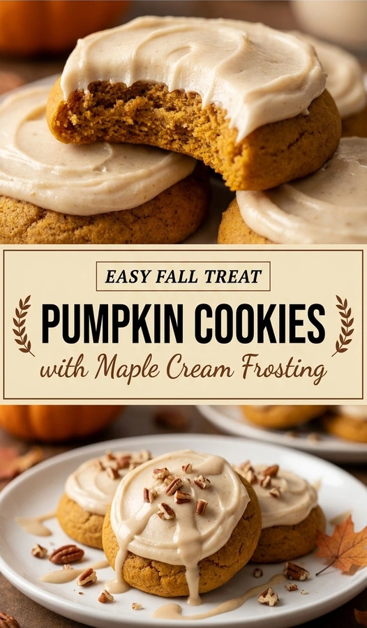 Soft pumpkin cookies topped with a swirl of maple cream frosting, stacked on a plate with autumn leaf decorations.