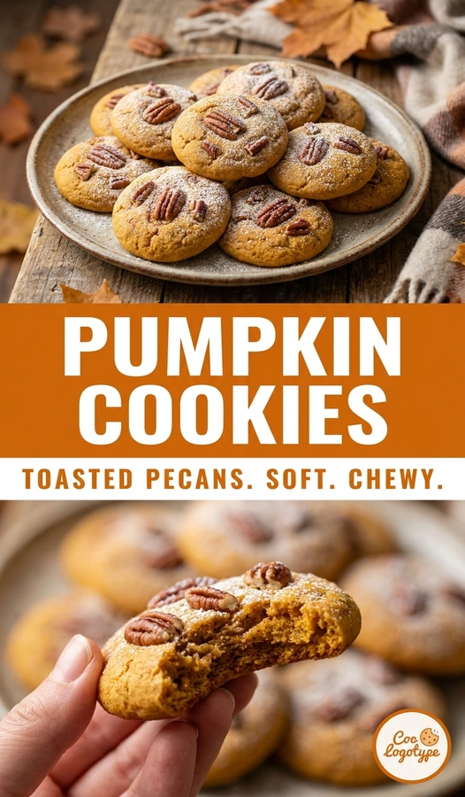A stack of soft pumpkin cookies topped with toasted pecan halves on a rustic baking sheet.
