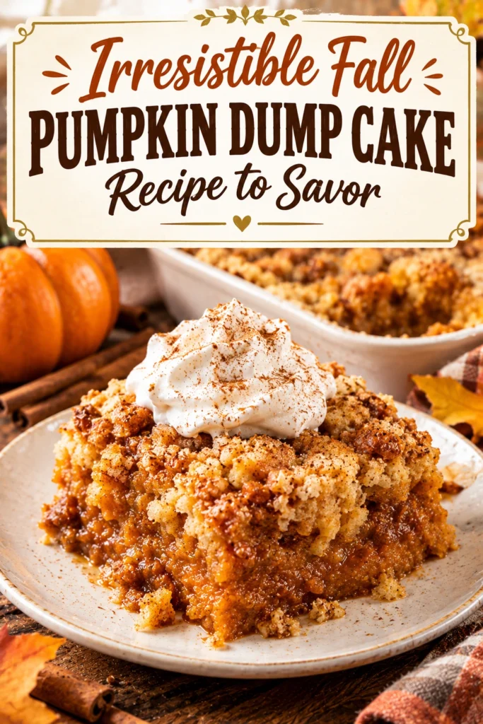 A golden brown pumpkin dump cake in a baking dish, topped with a crumbly crust and a dusting of cinnamon.