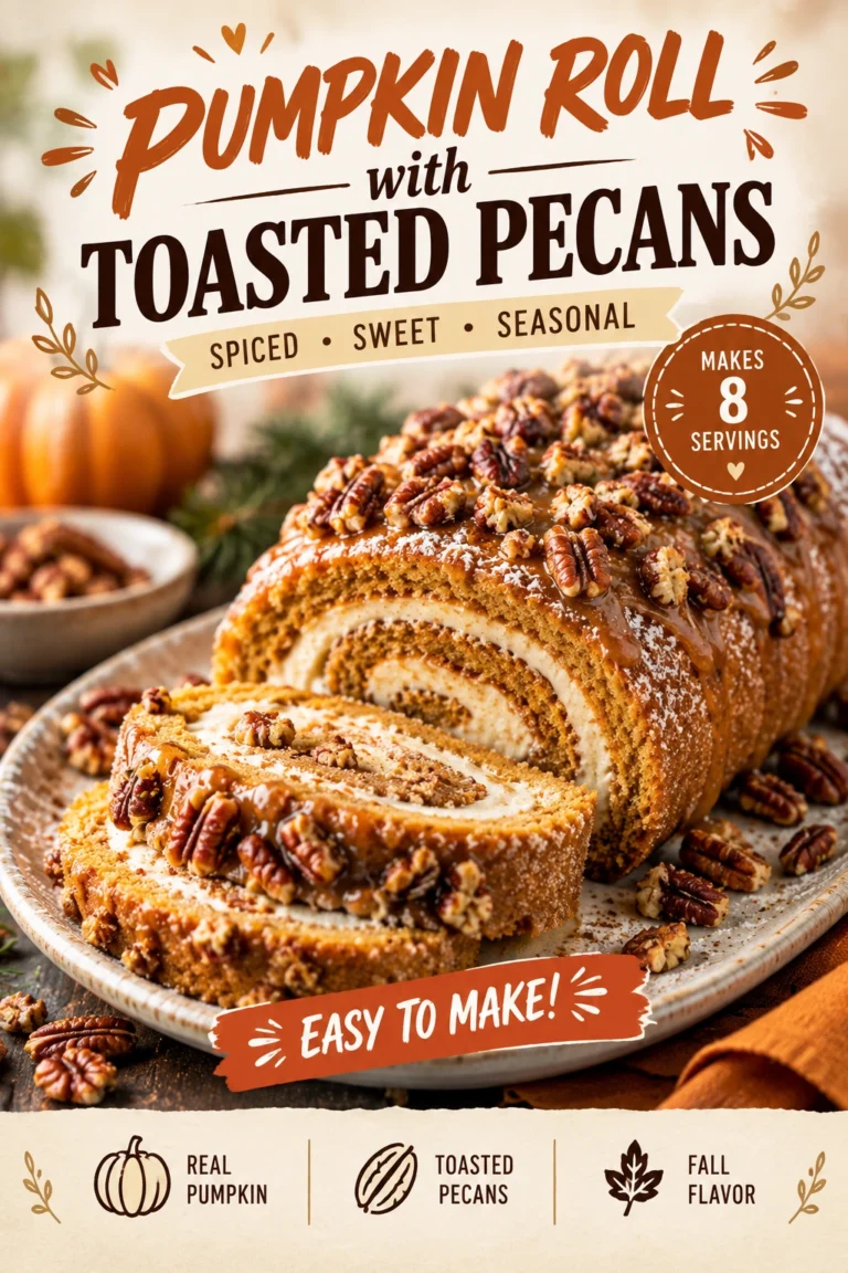 A sliced pumpkin roll with a creamy white filling, topped with powdered sugar and crushed toasted pecans on a plate.
