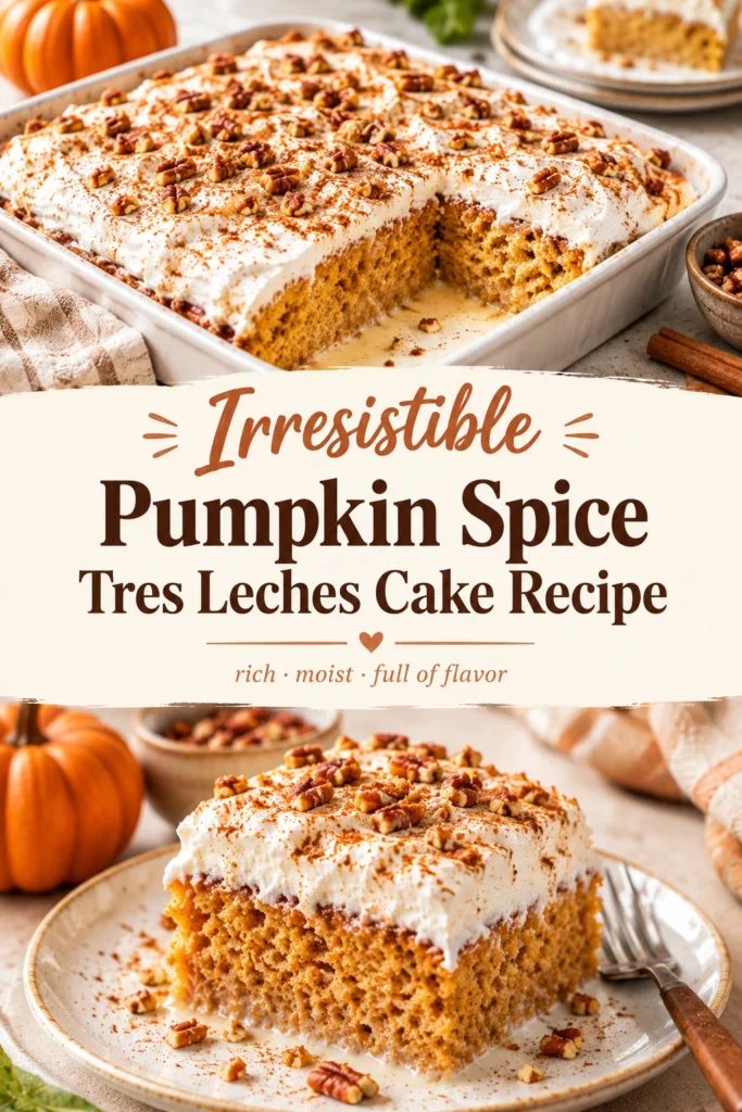 A slice of pumpkin spice tres leches cake topped with whipped cream and a sprinkle of cinnamon powder.