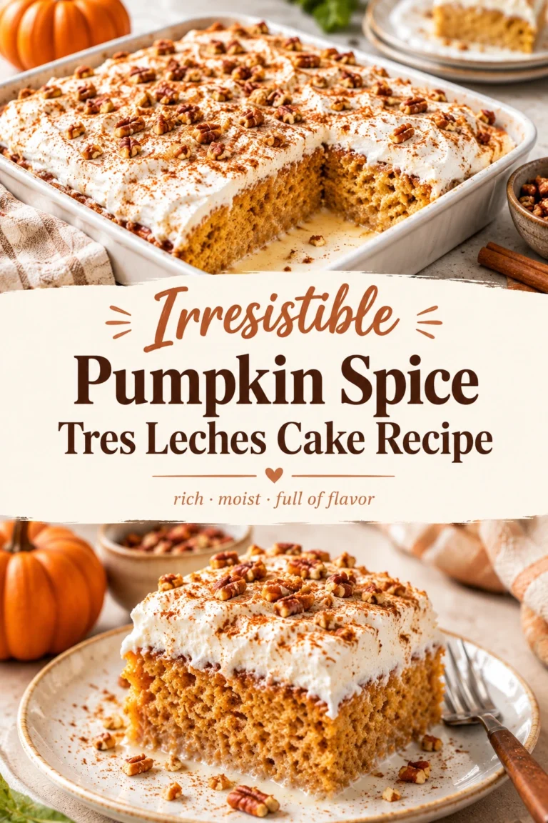 A slice of pumpkin spice tres leches cake topped with whipped cream and a sprinkle of cinnamon powder.