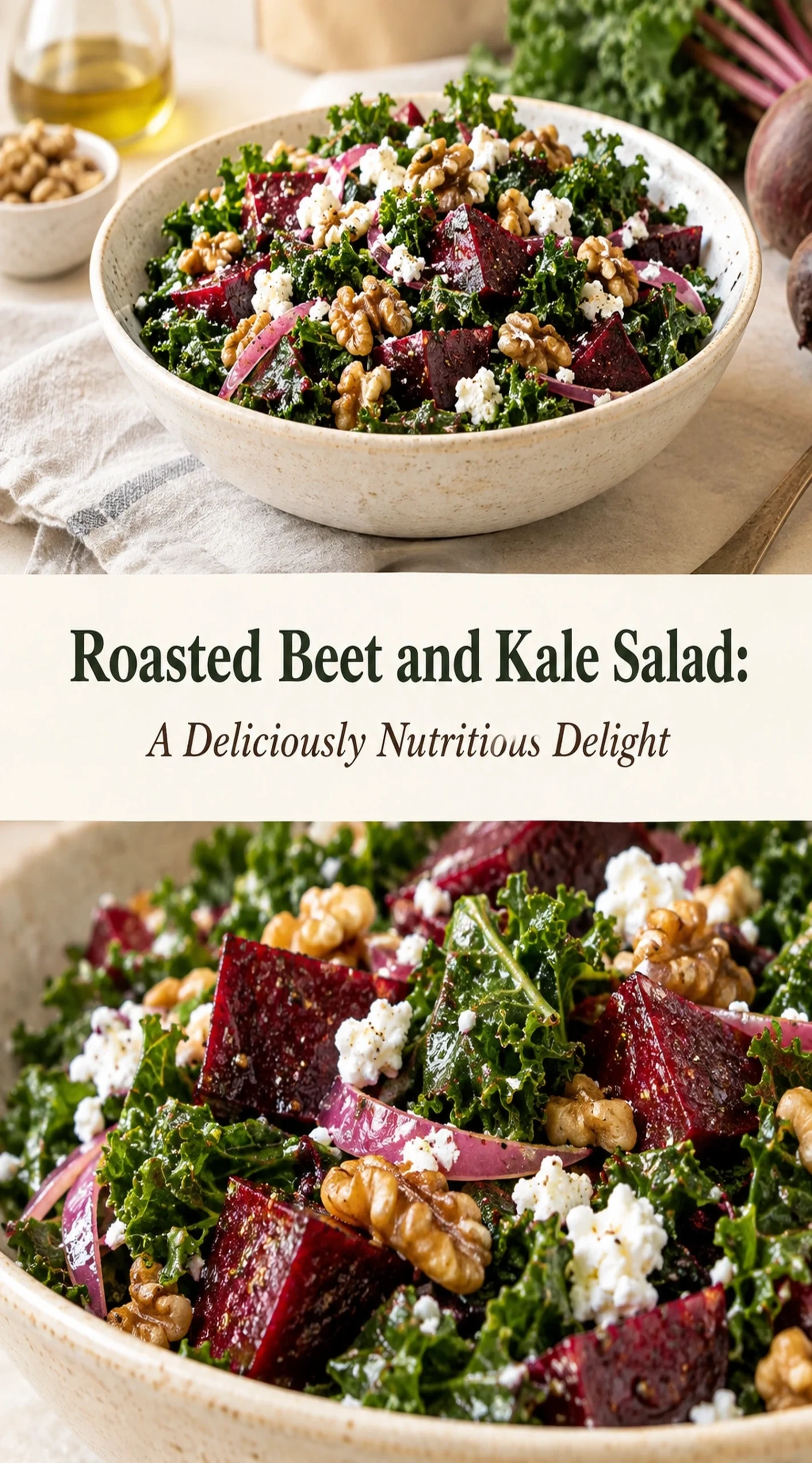 Roasted beet and kale salad with goat cheese, toasted walnuts, and a balsamic glaze in a white ceramic bowl.
