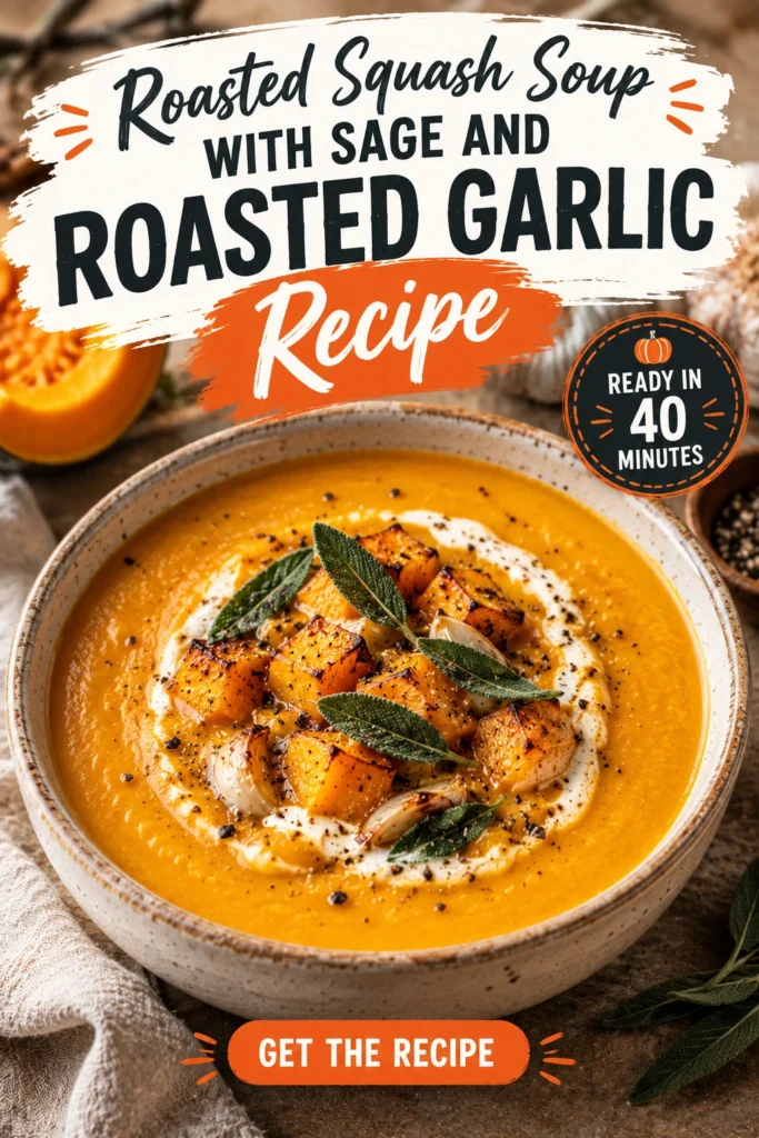 Creamy roasted squash soup in a bowl topped with a swirl of cream, fried sage leaves, and toasted pumpkin seeds.