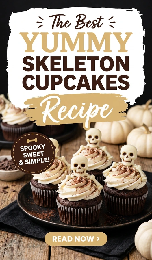 Vanilla cupcakes topped with white frosting, featuring small candy bone decorations and chocolate chip eyes to look like skeletons.