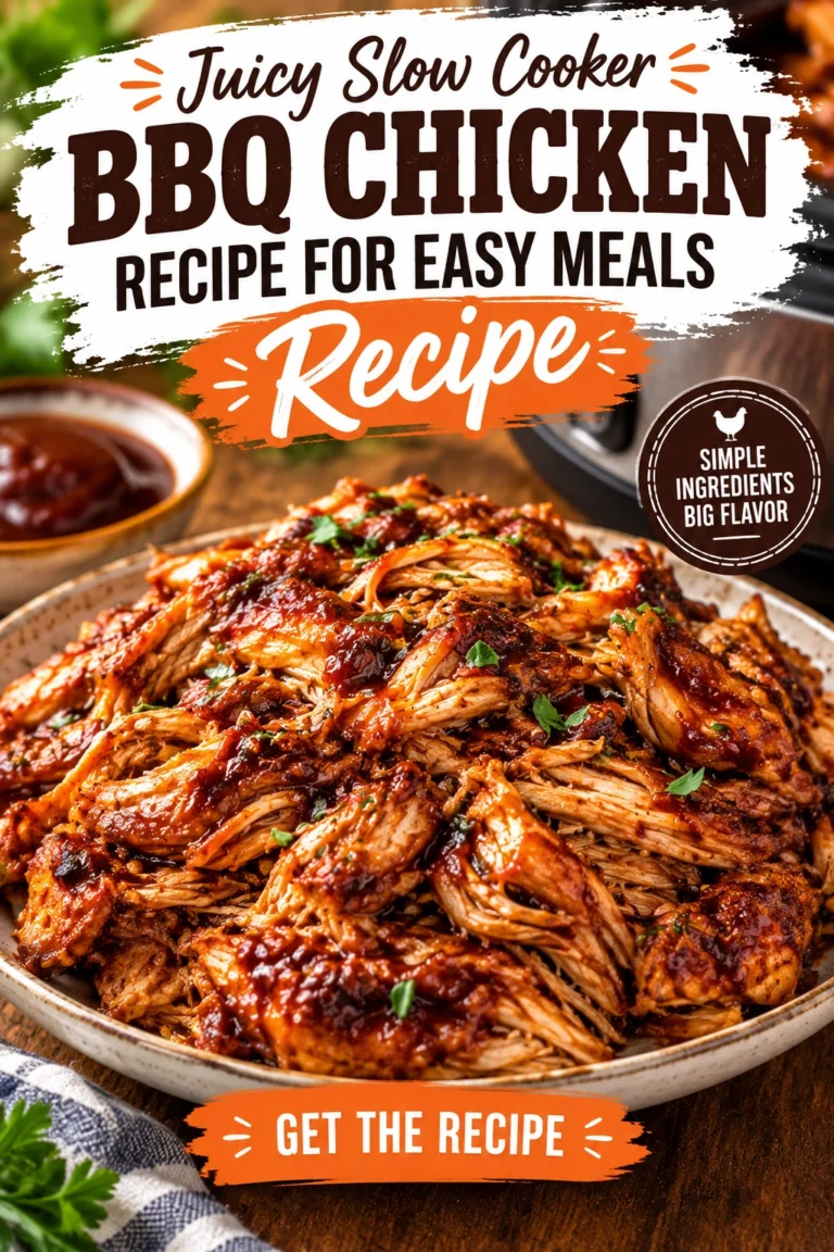 Shredded BBQ chicken in a slow cooker, coated in glossy brown sauce and garnished with sliced green onions.