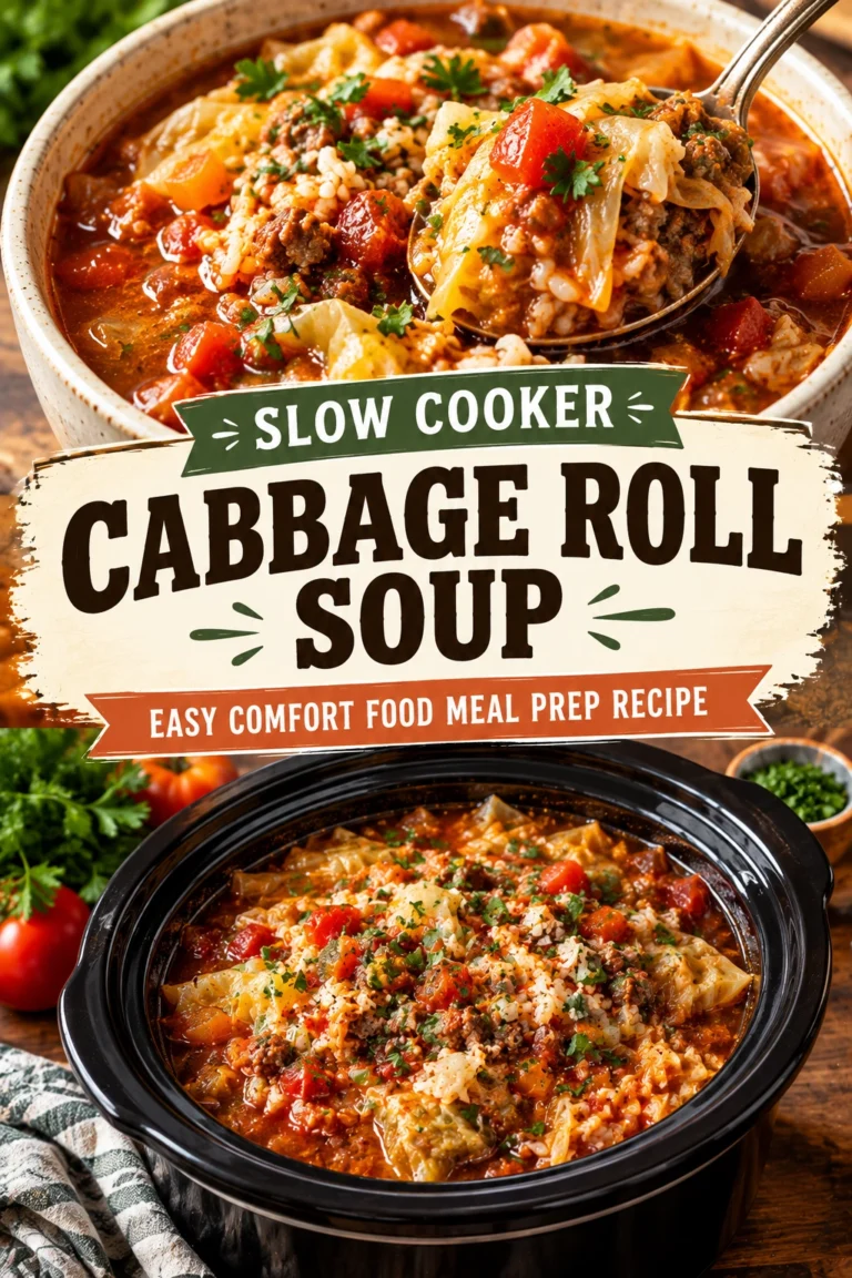 A bowl of cabbage roll soup with chunks of cabbage, ground beef, and diced tomatoes in a savory broth.