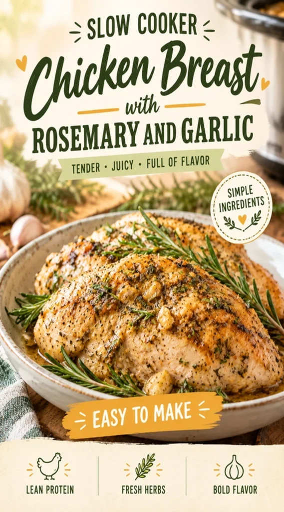 Tender slow cooker chicken breasts topped with fresh rosemary sprigs and minced garlic in a savory light brown sauce.