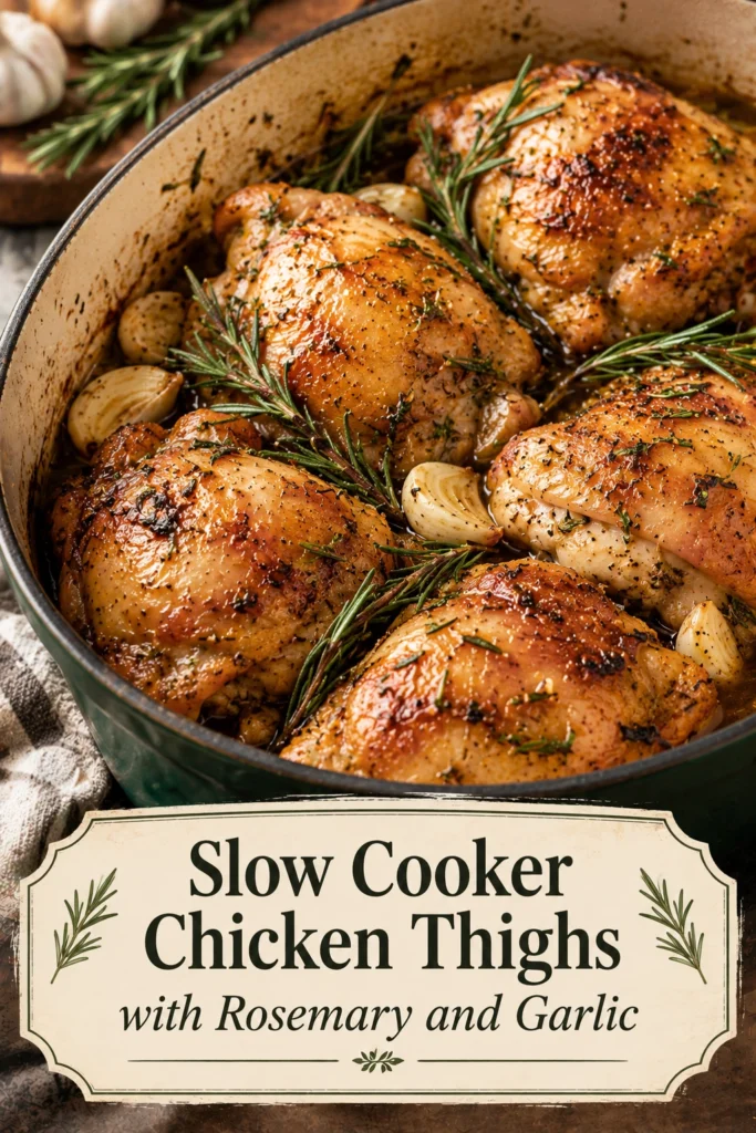 Tender slow cooker chicken thighs garnished with fresh rosemary sprigs and garlic cloves in a savory brown gravy.
