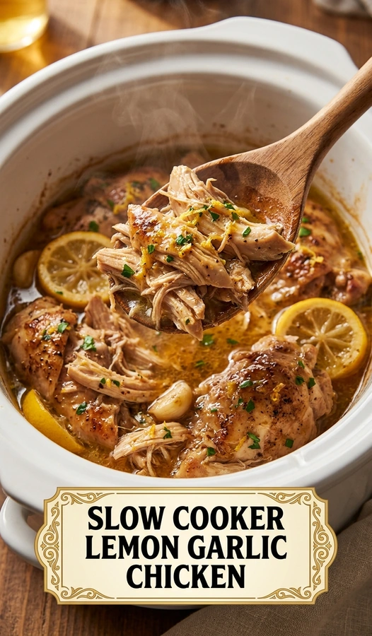 Tender slow cooker chicken breasts in a lemon garlic sauce, garnished with fresh parsley and lemon slices.